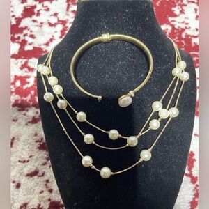 Gold Tone Layer Snake Chain, With Faux Pearls and a Gold Tone, Bangle